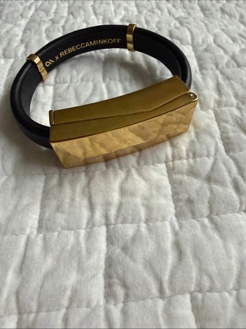 Rebecca Minkoff Black Leather like Bracelet with Gold Geometric Accent